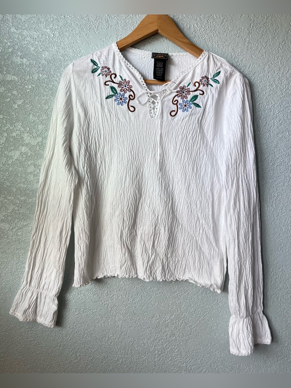 Route 66 Get Your Kicks Top Small Embroidered Floral Lace Up Y2K Boho White